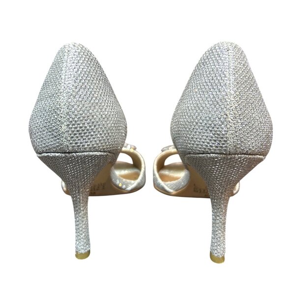 Belle Badgley Mischka Women's 6 Silver Rhinestones Peep Toe Heels Wedding Formal - Picture 8 of 13